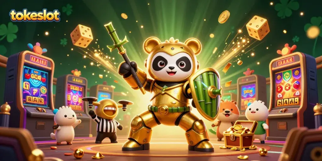 Permainan slot menarik di Tokeslot dengan panda emas dan robot di arena perjudian.