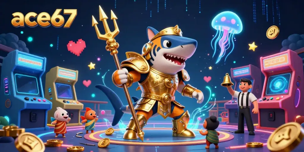 Experience the thrilling ace67 casino adventure with a fierce tiger shark and vibrant gaming elements.
