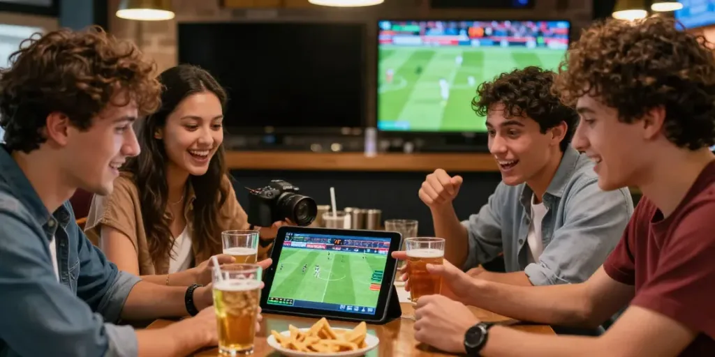 WWBOLA sports betting scene with friends enjoying soccer match analysis at a bar.
