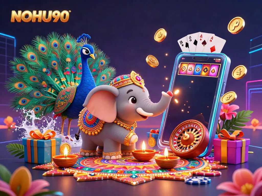 Experience thrilling slot game action with NOHU90 as a colorful elephant and peacock celebrate in a vibrant casino scene.