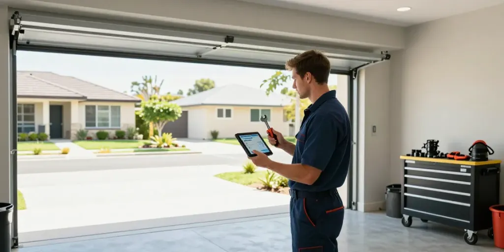 Expert technician providing garage door repair near me in Perth, highlighting tools and modern equipment.