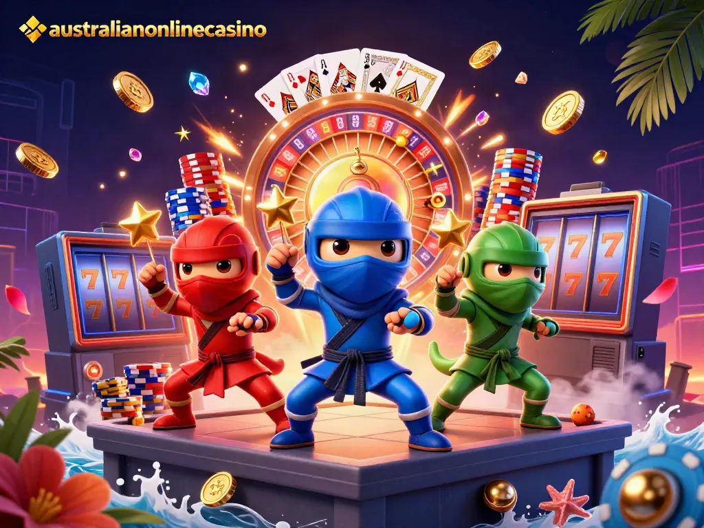 3D illustration of australianonlinecasino ninja chameleons showcasing dynamic casino themes in vibrant settings.