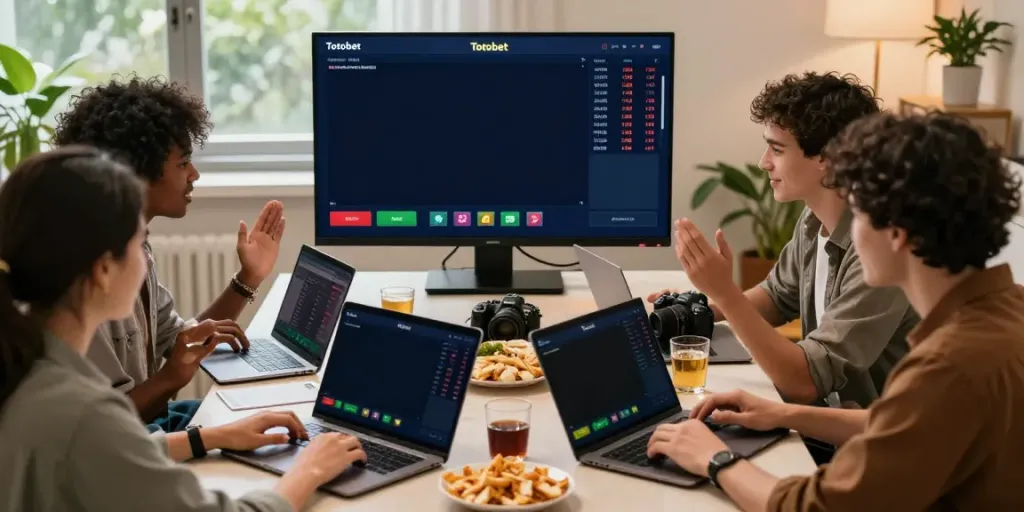 A lively group of friends placing bets on Totobet with laptops and snacks.
