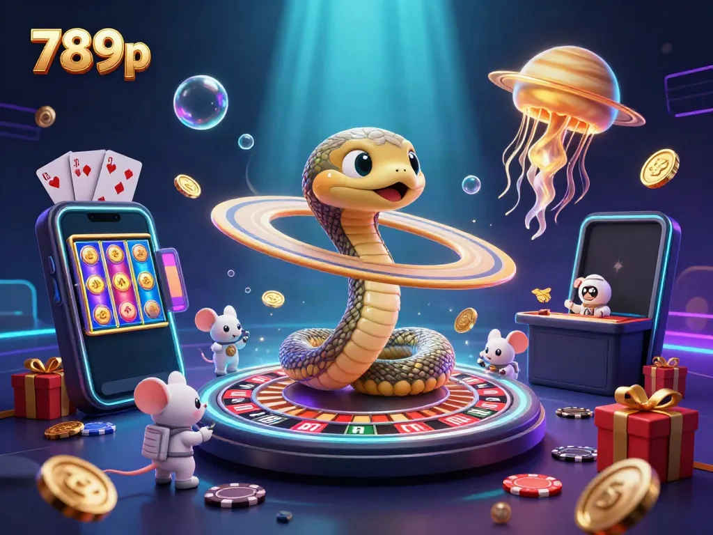 7 year 2026 casino scene featuring 789p, a Saturn ring snake, and astronaut mice placing bets.