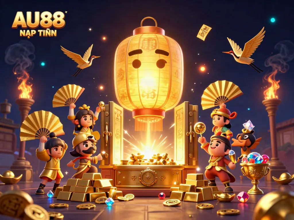 Experience the thrill of AU88 NẠP TIỀN as golden spirits and warriors celebrate riches in a vibrant casino scene.