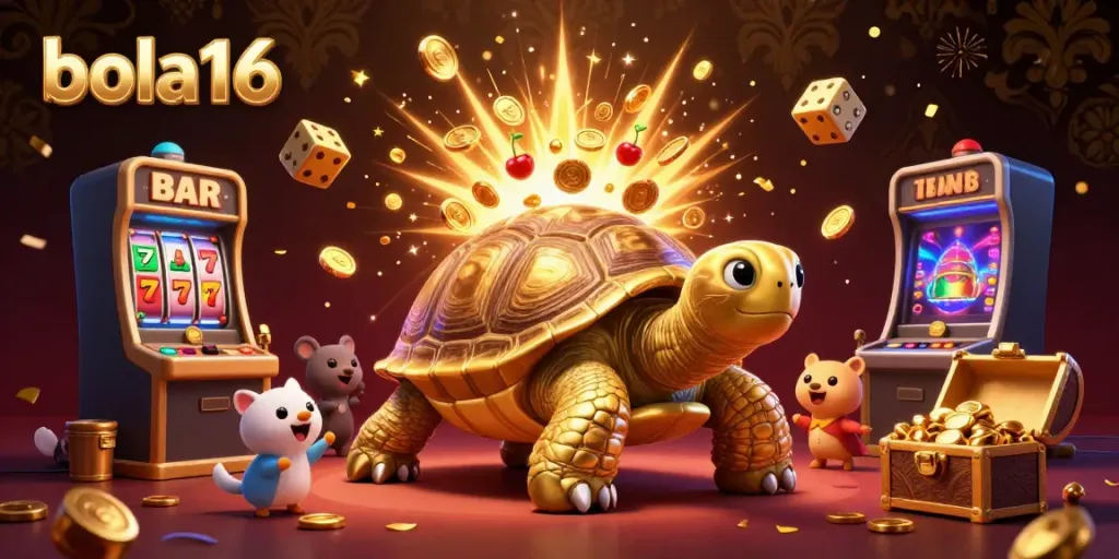 Experience excitement with bola16 as a joyful scene captures a golden tortoise and vibrant casino elements.