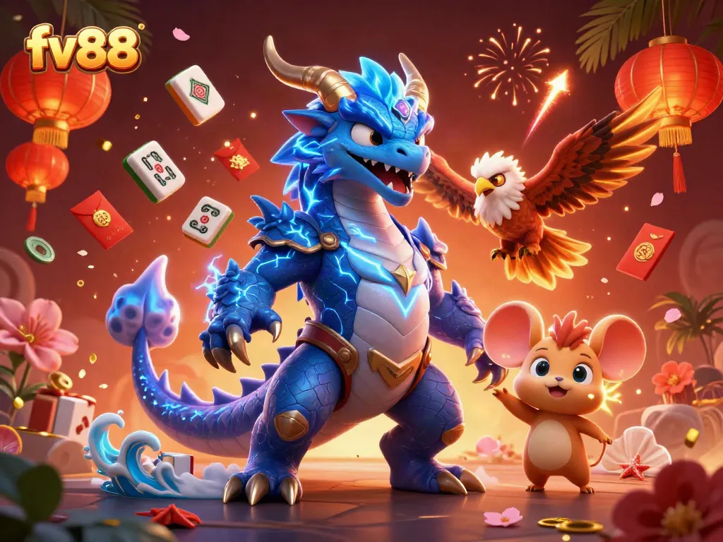 Experience thrilling adventures with fv88, featuring a dynamic thunder dragon, wind hawk, and lucky gaming symbols.