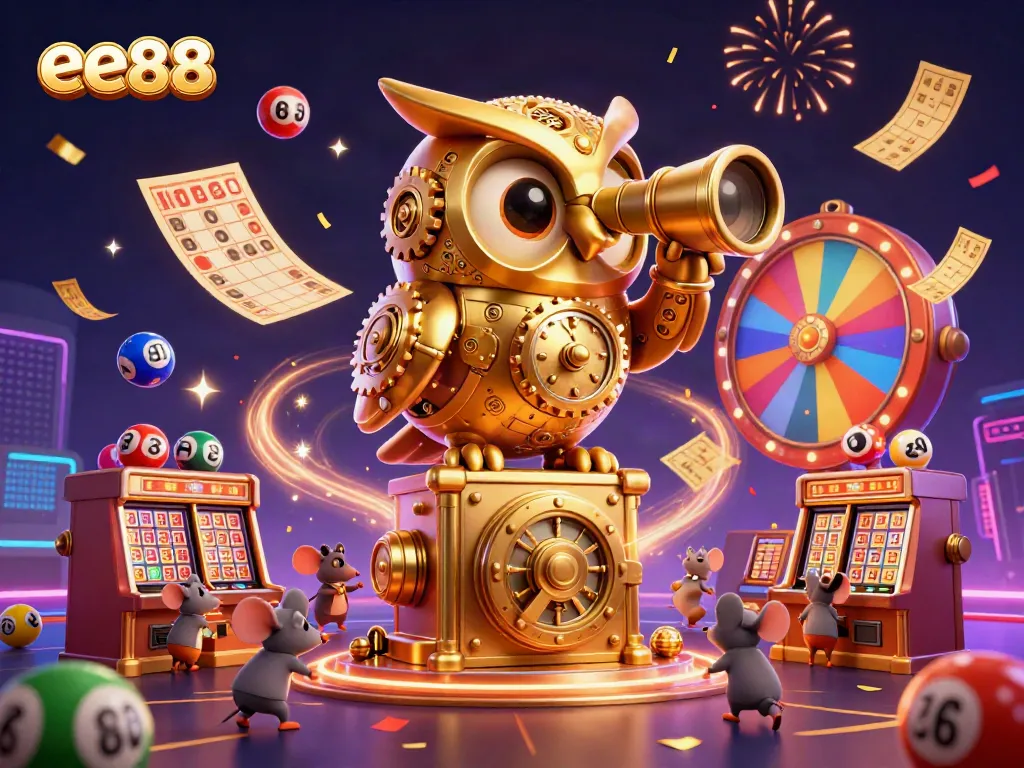 Join the excitement at ee88 with this vibrant casino scene featuring a golden owl and lively game elements.