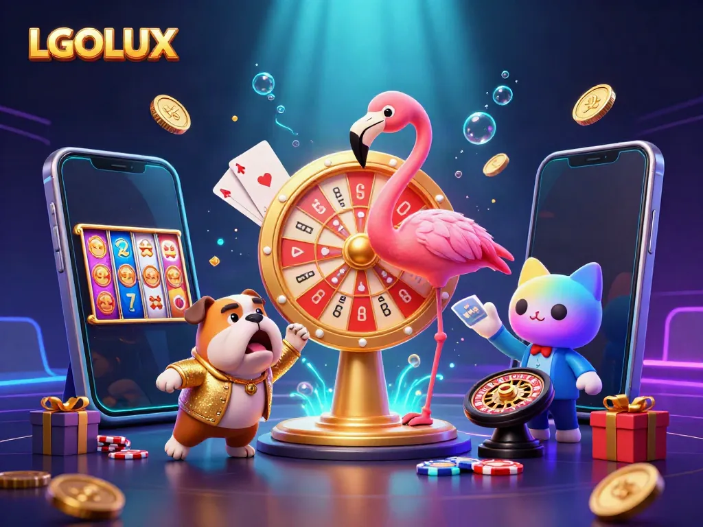 Experience thrilling gaming moments with LGOLUX as a flamingo host spins a prize wheel amidst vibrant casino elements.