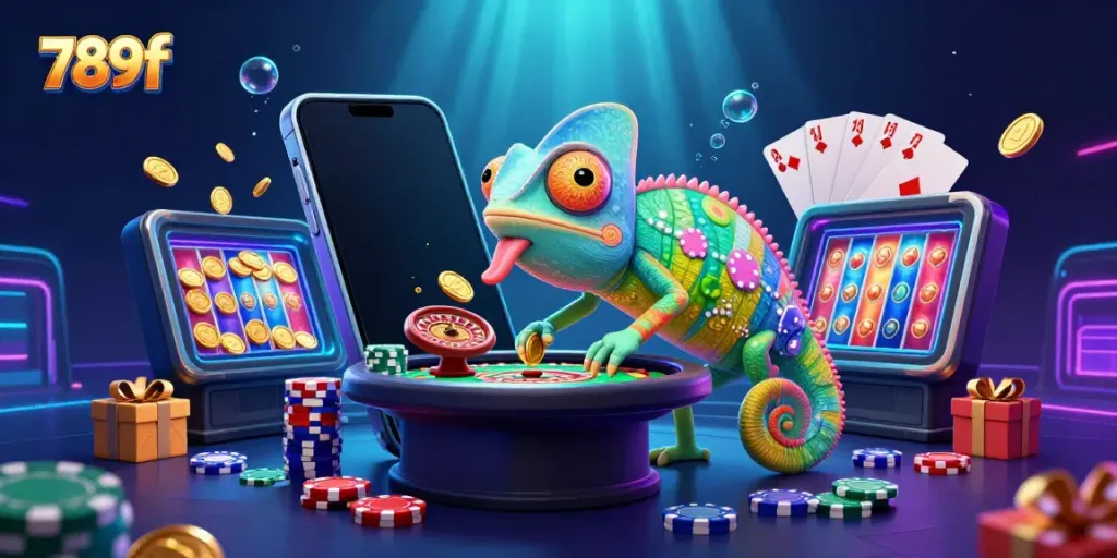 Engage with 789f's colorful casino universe, featuring a lively chameleon owner amidst vibrant gaming elements.