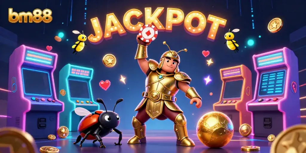 Engage with bm88's thrilling casino experience featuring a triumphant beetle with a poker chip.