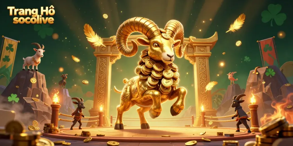 Engage with the action at Trang Chủ socolive featuring a golden ram charging towards victory, surrounded by vibrant casino elements.