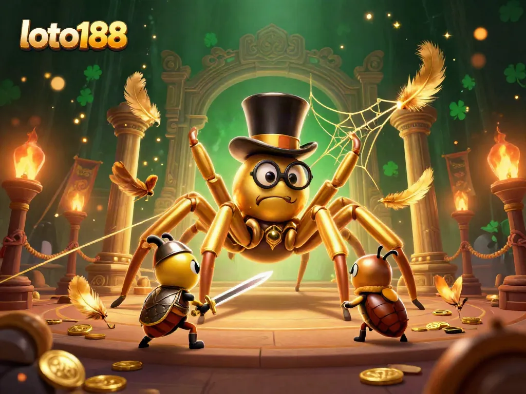 Experience loto188's thrilling casino atmosphere with a golden spider and beetle knight in a dynamic 3D scene.