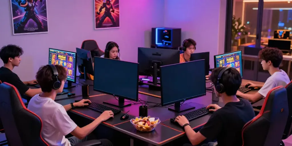 PESGSlot gaming lounge with friends enjoying vibrant slot game visuals.