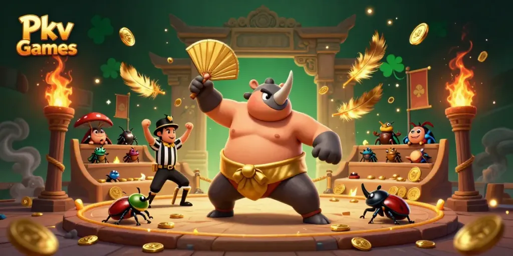 Engage in the excitement of Pkv Games with a dynamic illustration of a beetle champion and its arena.