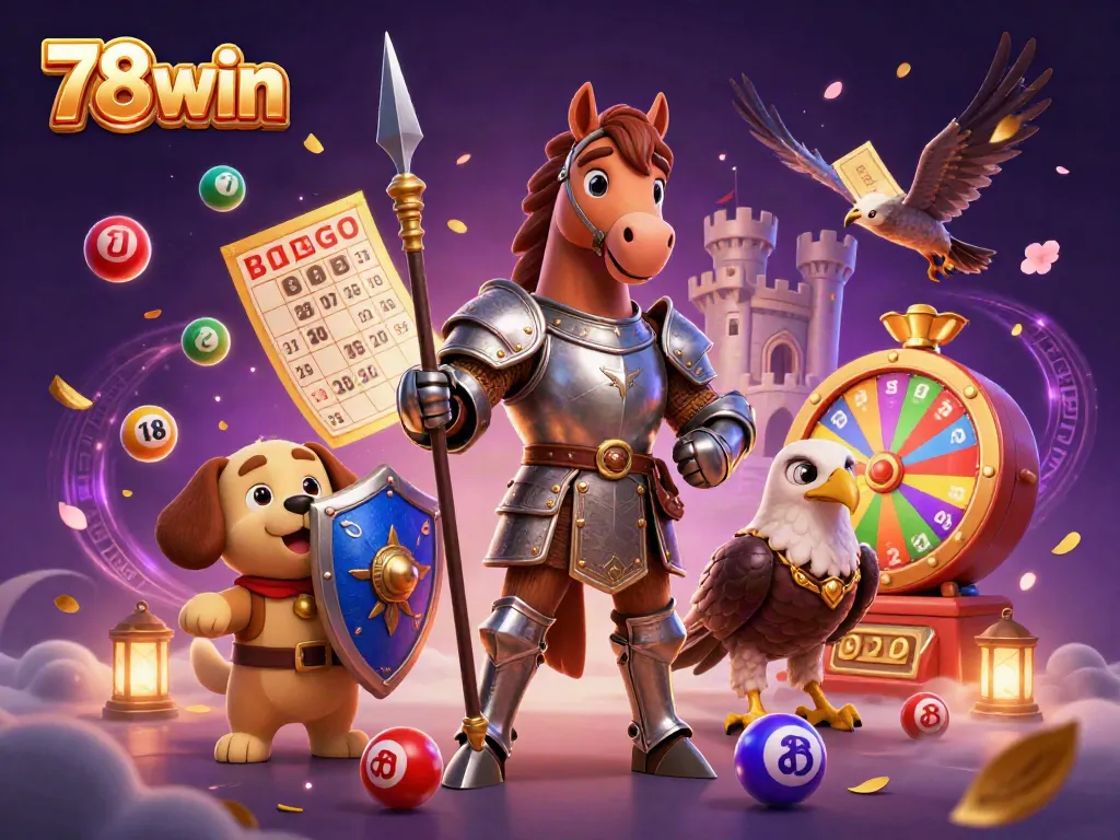 Engage in thrilling lottery action with 78win as colorful balls and prizes surround a knight in armor.