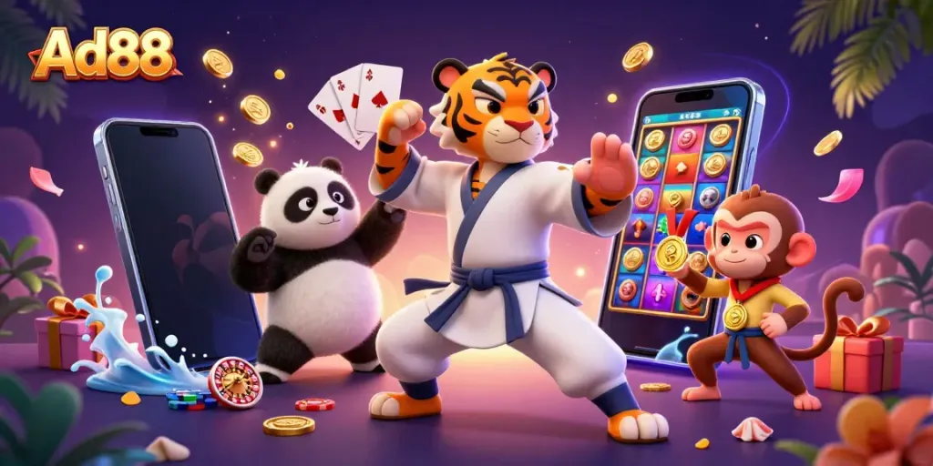 Experience the excitement of Ad88 with dynamic casino elements and colorful characters.