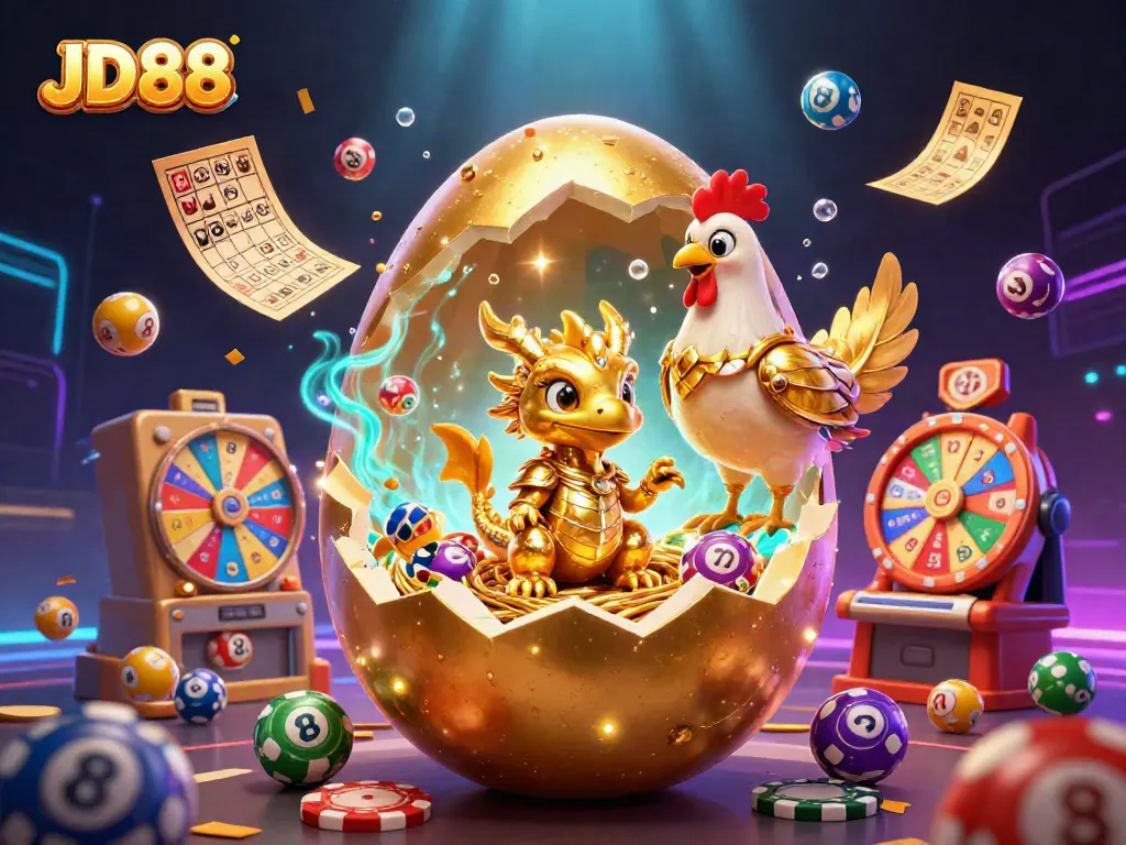 Engage with JD88 as a vibrant baby dragon emerges from a golden egg amidst stunning illustrations.