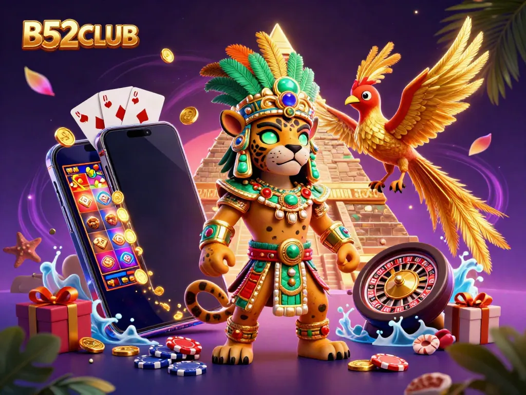 B52CLUB's vibrant 3D illustration showcasing a Mayan jaguar priest amidst casino game elements.