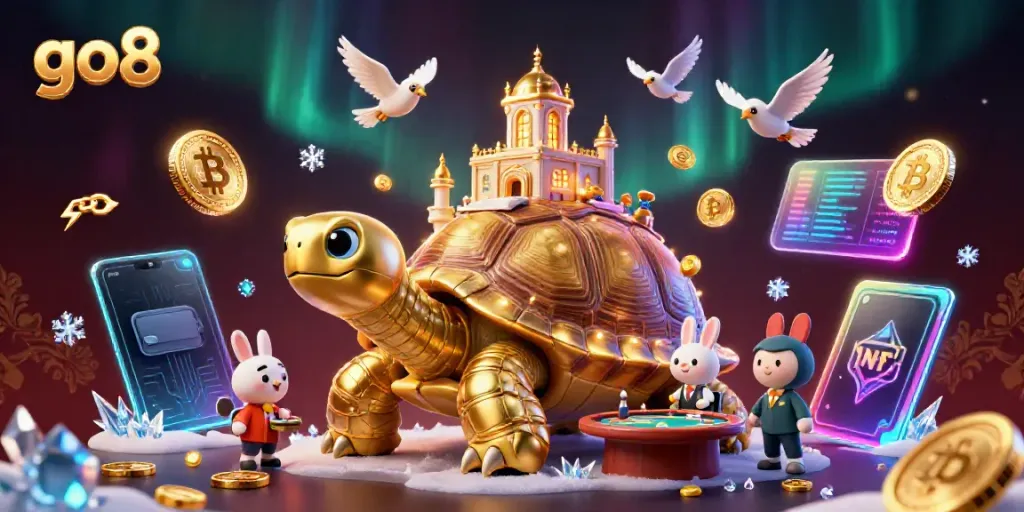 Play exciting casino games at go8, featuring a golden tortoise in a vibrant gambling scene.