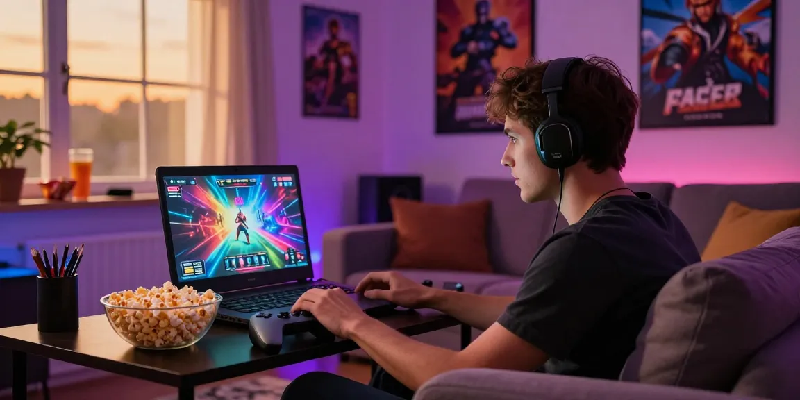 Gamer enjoying vibrant porn games on a laptop in a cozy living room.