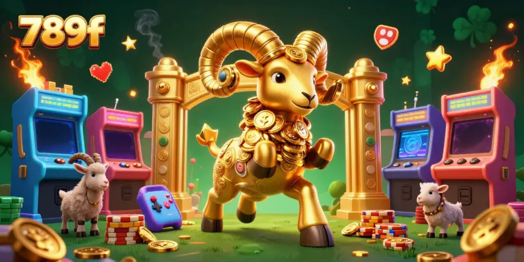 Engage with the exhilarating world of 789f as a golden ram charges through a vibrant, game-filled casino scene.