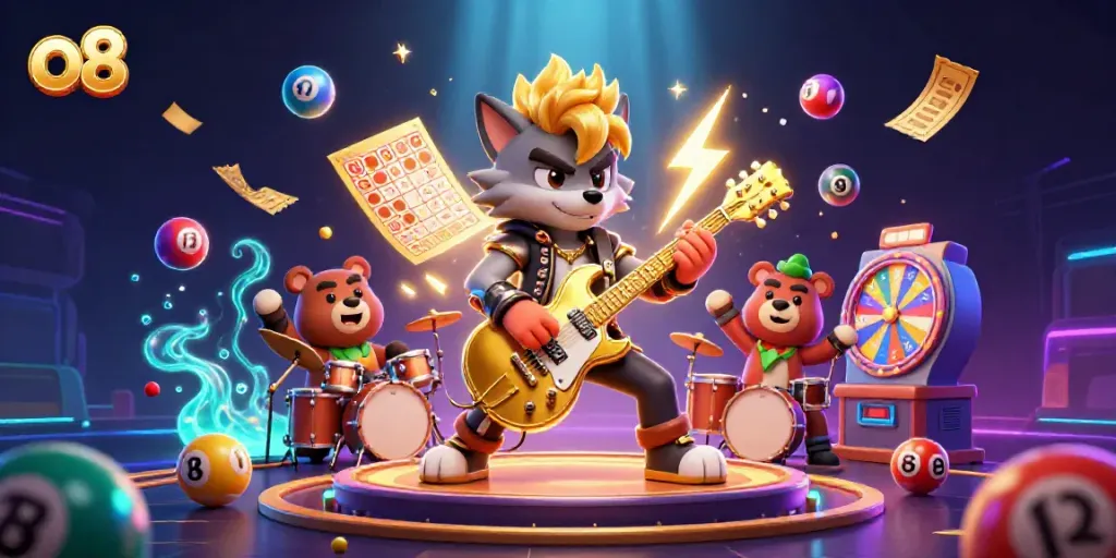 Experience the excitement at o8 casino with a rock star wolf on stage, colorful game elements all around.