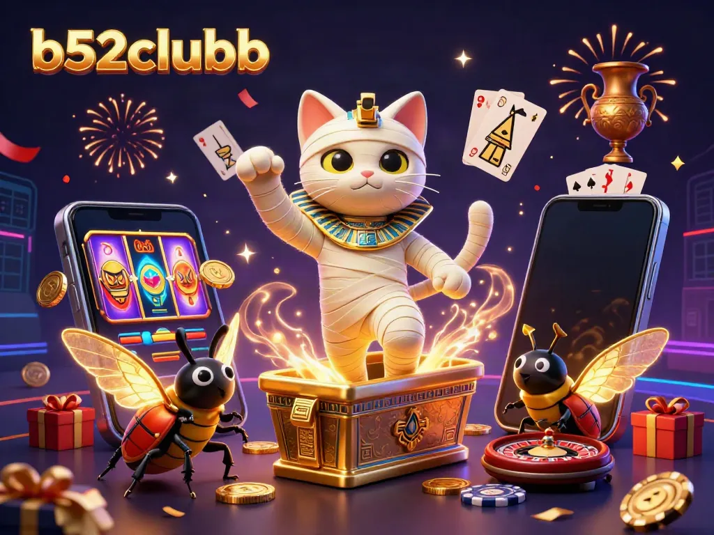 Experience the thrill of b52clubb with a vibrant scene featuring animated mummy and scarab in a casino.