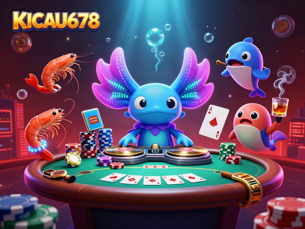 Experience KICAU678's vibrant casino scene with a DJ and animated characters setting the tone.