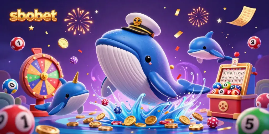 Experience sbobet's thrilling gaming with a giant whale, poker chips, and vibrant gambling elements.