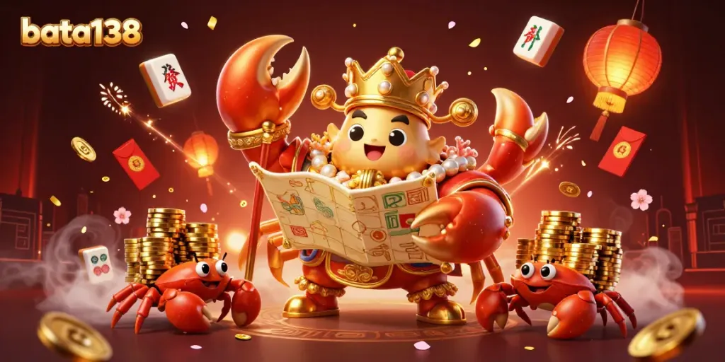 Experience the excitement of bata138 with vibrant casino elements and a charming crab emperor in a festive scene.