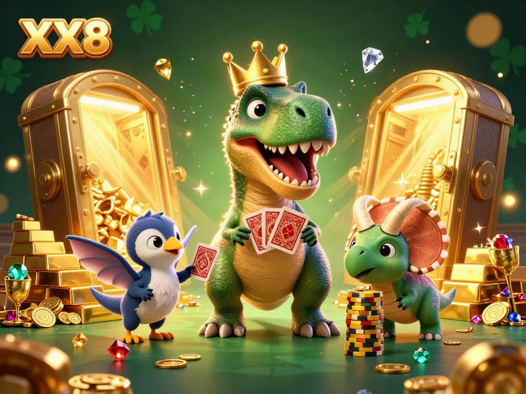 Experience thrilling casino excitement with XX8 featuring a T-Rex, pterodactyl, and triceratops amidst treasures.