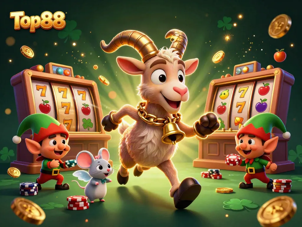 Engage in thrilling casino adventures with the lively Top88 illustration featuring Krampus, a mouse, and mischievous elves.