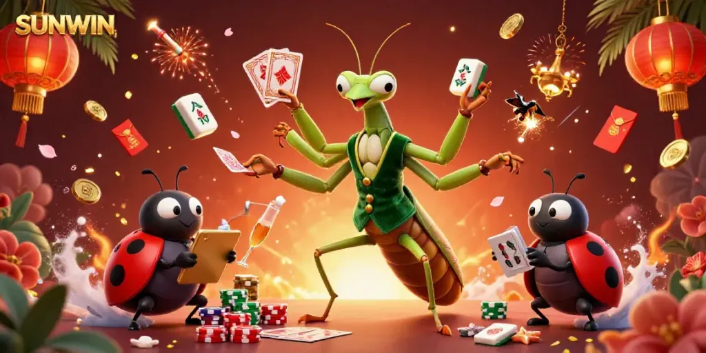 Engage in thrilling games at SUNWIN with vibrant characters and rich casino elements in this 3D illustration.