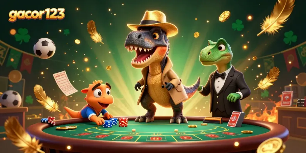 Experience thrilling sports betting excitement with gacor123 in a dynamic scene featuring dinosaurs.