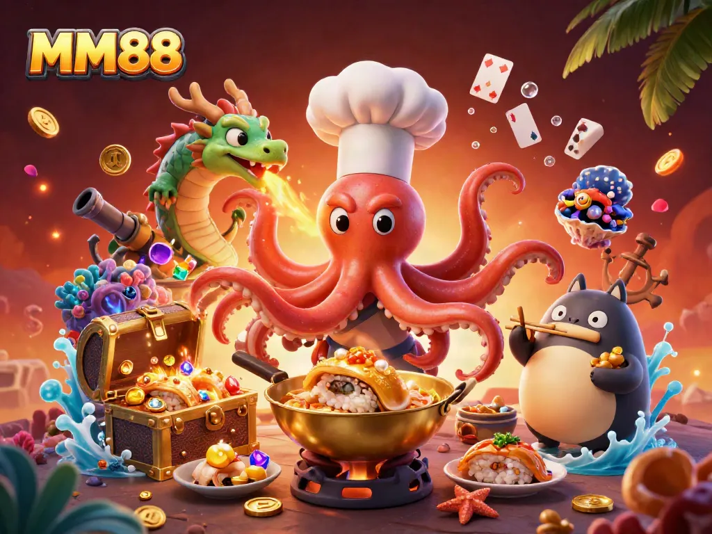 Experience the exciting world of MM88 with a dynamic 3D illustration featuring unique characters like a sushi chef octopus and a dragon, showcasing vibrant casino elements.