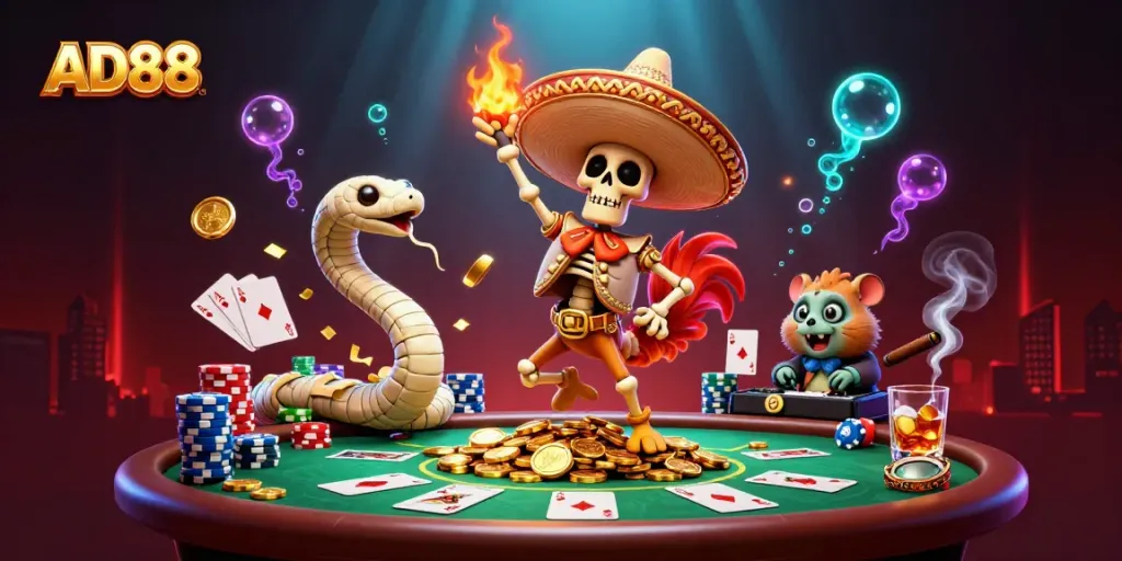 Experience thrilling gaming with AD88 featuring festive characters and dynamic poker elements.
