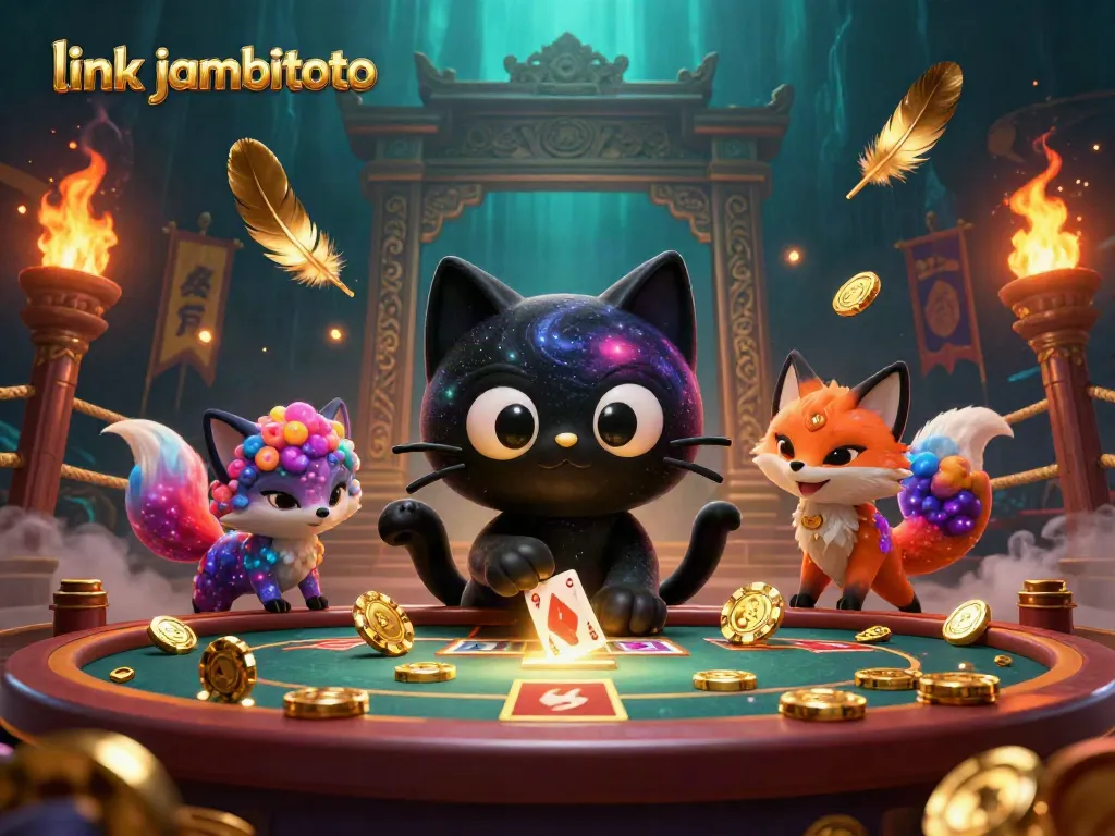 Experience the magic of link jambitoto with a cosmic cat and colorful fox at a vibrant casino table.