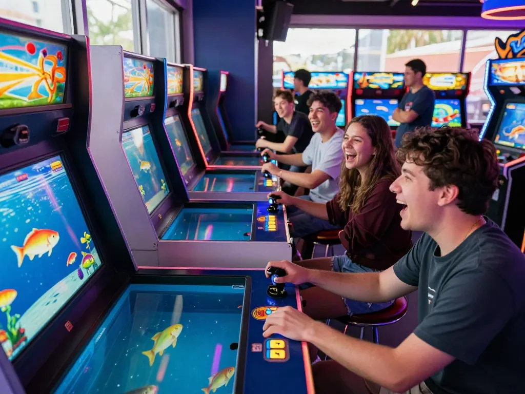 Exciting gaming atmosphere with players immersed in lại là Bắn cá đổi thưởng at an arcade.