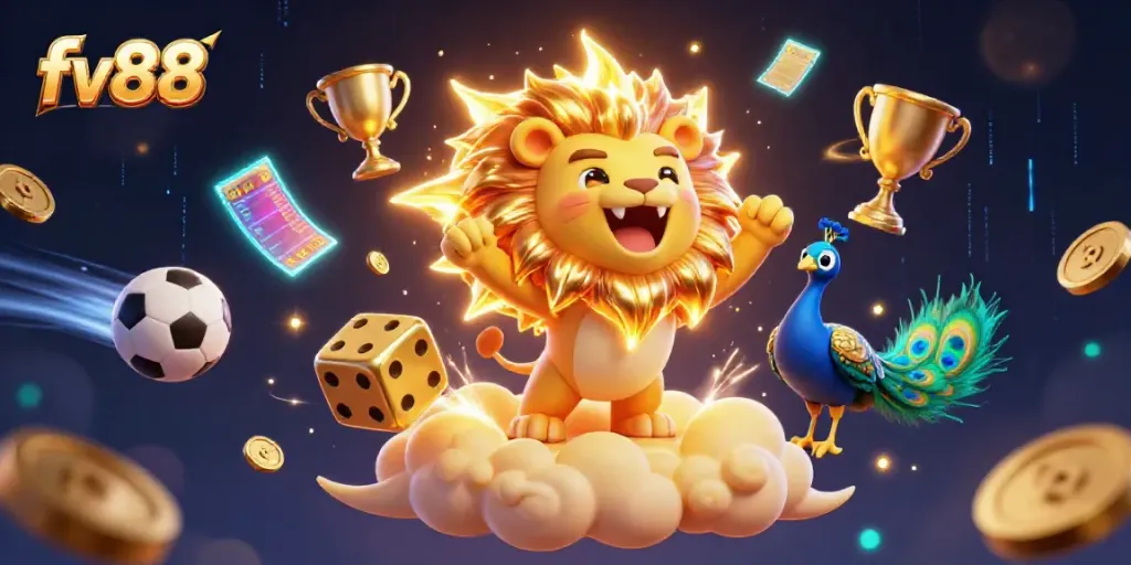 Experience thrilling gaming adventures with fv88, showcasing vibrant elements of sports betting in a dynamic 3D illustration.