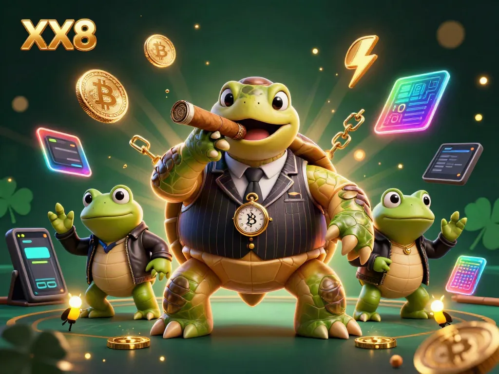 Experience thrilling games at XX8 casino illustrated with a massive turtle mobster and bullfrog enforcers.