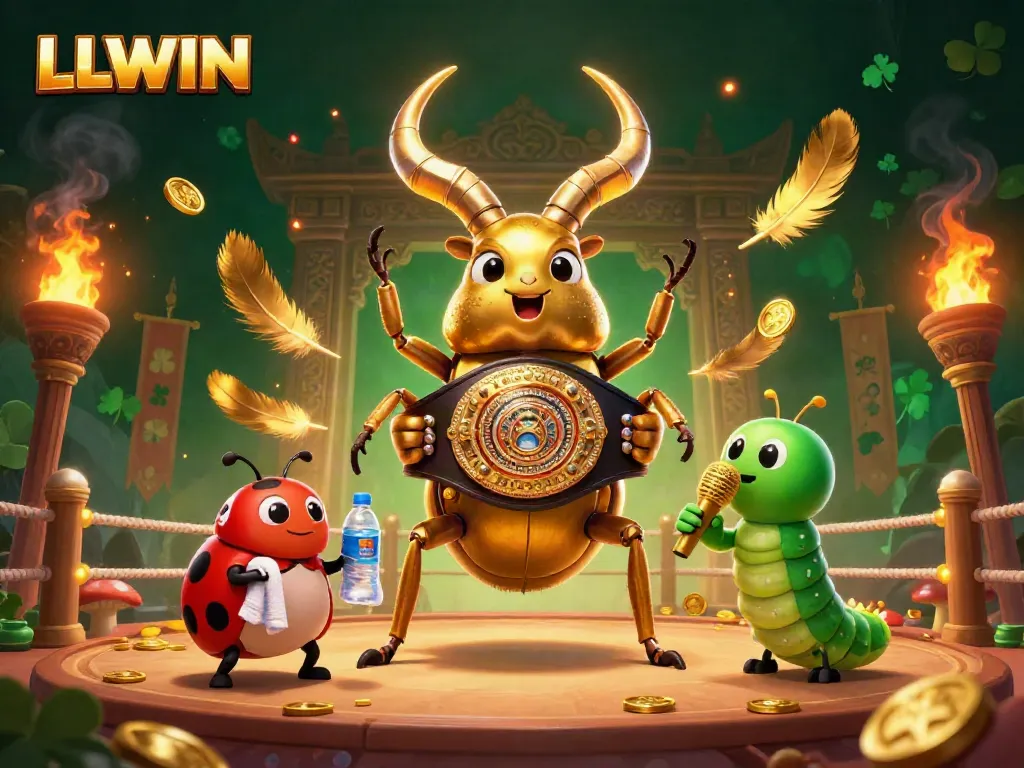 Experience thrilling action at LLWIN featuring a giant golden stag beetle boxing champion with dynamic casino elements.