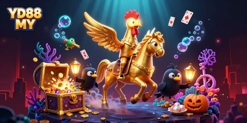 Experience the thrilling world of YD88 MY with a vibrant casino scene featuring golden rooster characters and animated game elements.