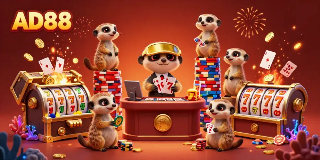 Experience the excitement of AD88 with meerkats managing a vibrant casino scene filled with games and treasures.