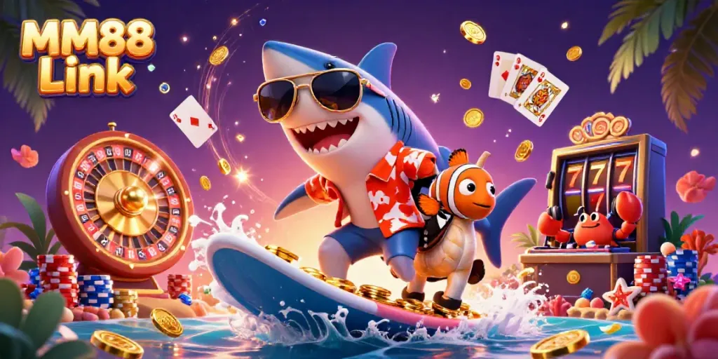 Experience the MM88 Link with a vibrant scene showcasing casino excitement and underwater fun.