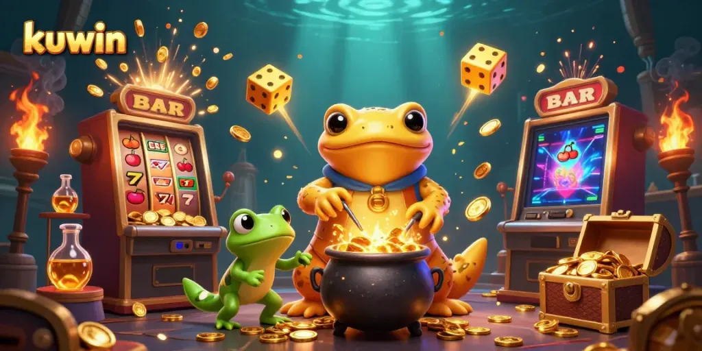 Kuwin's alchemist scene with a golden salamander, frog apprentice, and slot machine bursting with coins, revealing excitement in gambling.