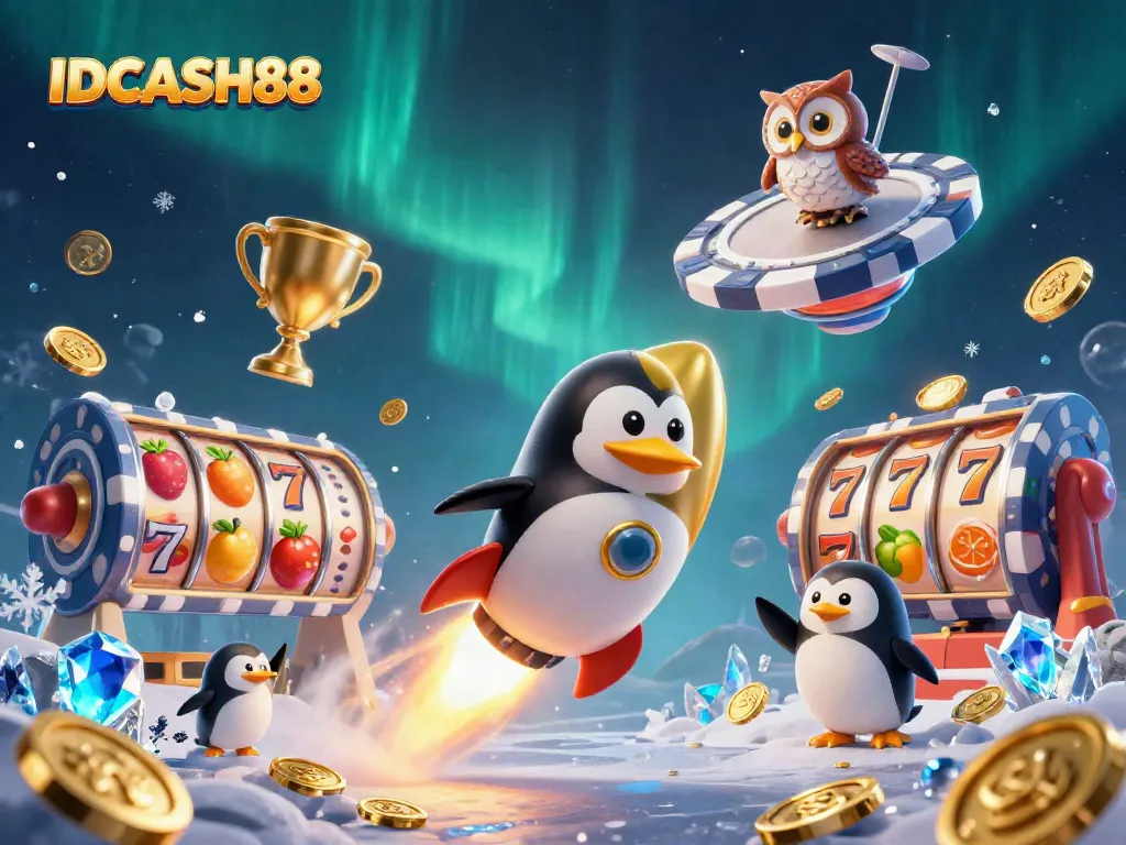 Experience thrills with an IDCASH88 illustrated casino adventure featuring a golden penguin in space.