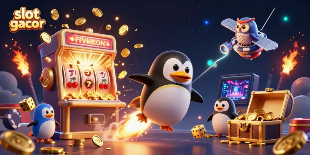 Experience thrilling slot gacor action with a 3D golden penguin blasting through jackpot explosions and gaming symbols.