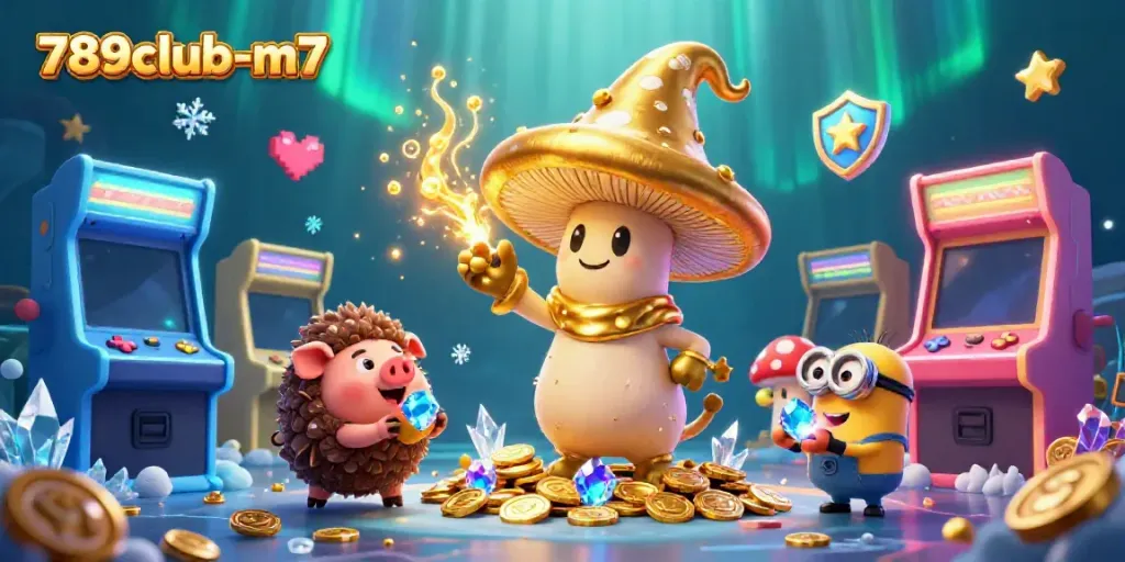 Experience the magic of 789club-m7 with a vibrant 3D illustration showcasing a golden mushroom wizard and treasure-hunting pig.