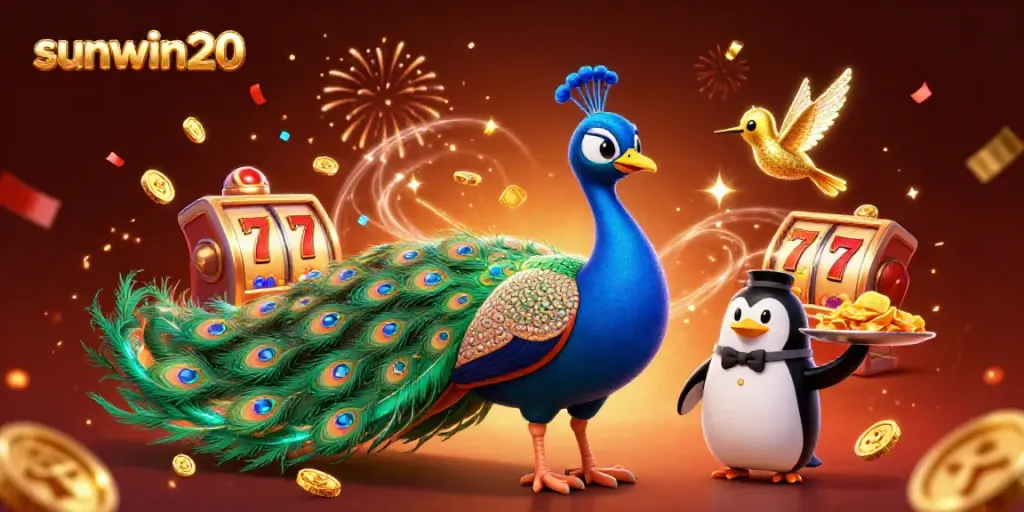 Experience the excitement of sunwin20 with a vibrant casino scene featuring animated characters, slot machines, and festive decorations.
